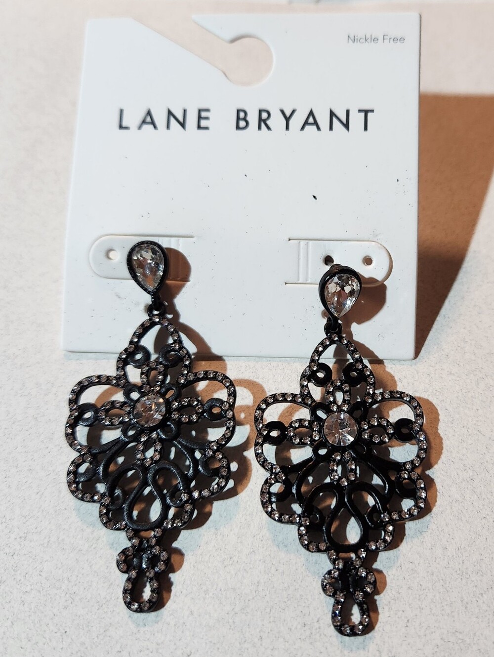 NWT Lane Bryant Gunmetal Black Filigree Crystal Drop Earrings